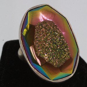 STERLING SILVER OBSIDIAN DRUZY LARGE OVAL SPLIT RING